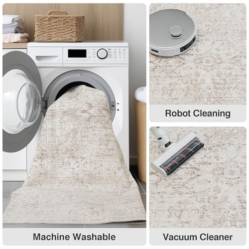 FMFUNCTEX 5x7 Washable Area Rug Neutral Vintage Beige Distressed Non Slip Low Pile Traditional Indoor Carpet for Living Room Bedroom Soft Retro Mat Throw Rug for Dining Office Kitchen Dorm Entryway - color: Beige, size: 5' x 7' (Rectangular)