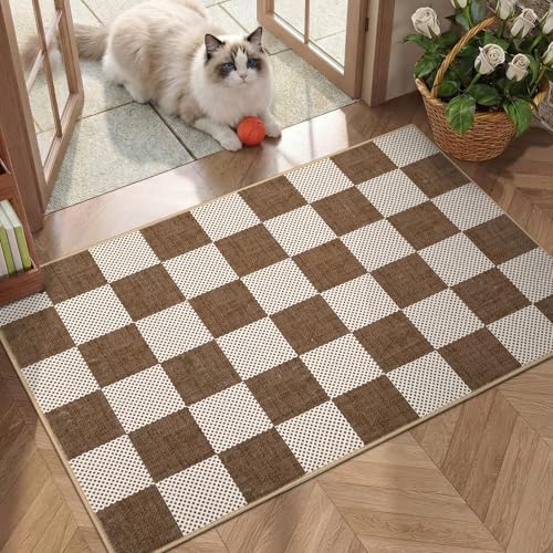 GarveeHome Checkered Terracotta Brown 2x3 Washbale Rug Door Mat Geometric Diamond Dot Modern Neutral Boho Soft Low-Pile Small Rug for Bedroom Entryway Bathroom Kitchen Non-Slip TPE Backing - color: Terracotta Brown, size: 2' x 3' (Rectangular)