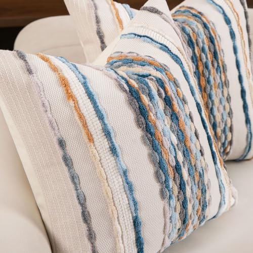 Boho Striped Throw Pillow Covers 18x18 Inch Set of 2 Farmhouse Square Decorative Pillow Covers Chenille Tufted Accent Neutral Pillowcase Caramel Brown Blue Cushion Cover for Couch Sofa Bed - color: Caramel Brown Blue