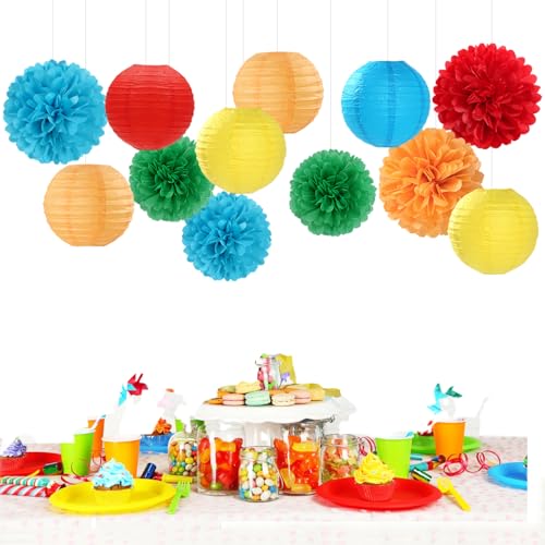 Rainbow Colorful Party-Decorations Paper-Flowers - 15pcs Welcome Back to School Tissue Pom Poms Lanterns Streamers,Carnival Video Game Kids Birthday Graduation Baby Shower Hanging Supplies Hugfond - color: Red Green Orange Blue