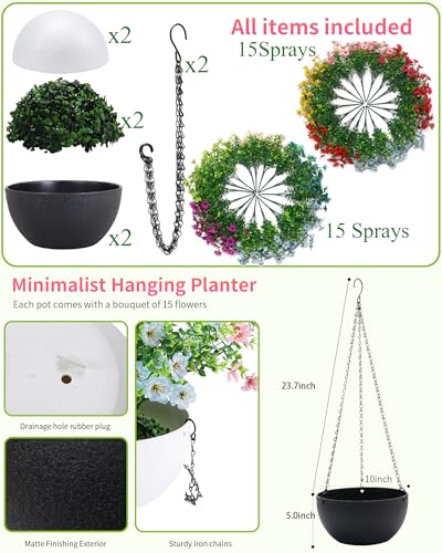 2 Sets Artificial Hanging Plants Flowers with Basket for Outdoors | 30 Bundles UV Resistant Fake Plants Spring Summer Decoration Faux Garden Patio Yard Front Porch Balcony Arrangement