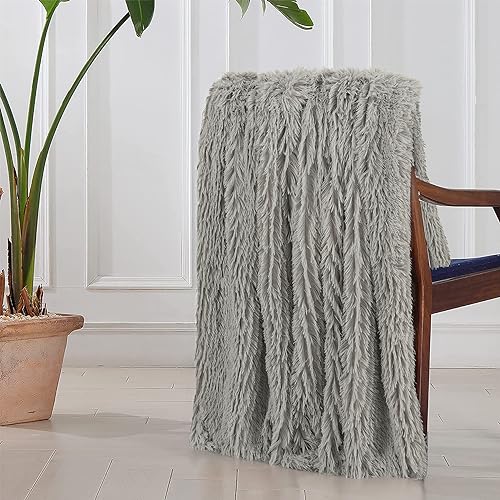 Tuddrom Decorative Extra Soft Fuzzy Faux Fur Throw Blanket 50" x 60",Solid Reversible Long Hair Shaggy Blanket,Fluffy Cozy Plush Comfy Microfiber Fleece Blankets for Couch Sofa Bedroom,Quiet Grey - color: Quiet Grey, size: Throw-50" x 60"