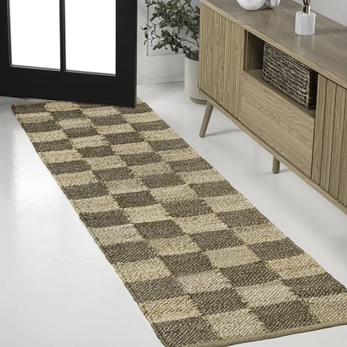 JONATHAN Y Theo Woven Jute Checkerboard Natural/Brown Runner Rug, 2x8, Modern, Farmhouse, Rustic, Lodge, Easy-Cleaning for Living Room, Bedroom, Kitchen, Non-Shedding (NRF203A-28) - color: Natural/Brown, size: 2' x 8' (Runner)