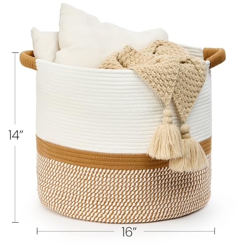 Blanket Basket (16" Dx14 H) - Round Woven Rope Storage for Living Room Throws, Pillows & Laundry- White/Jute Mixed - color: White/Jute Mixed, size: 16" X 16" X 14"