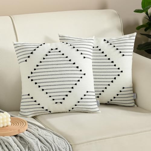 Boho Throw Pillow Covers 18x18 Inch Farmhouse Decorative Accent Woven Pillow Covers for Couch Bed Sofa Black and White Pillow case Home Decor, Black and Cream White - color: Black, size: 18" x 18" (Pack of 2)