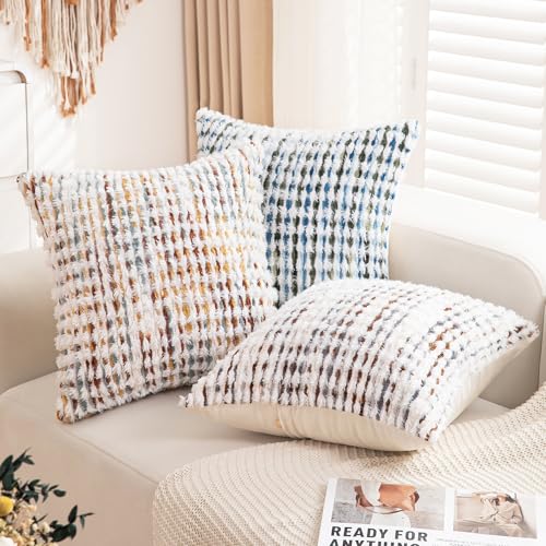 Boho Throw Pillow Covers Set of 2-18x18 Inch Farmhouse Tufted Pillow Covers Neutral Chenille Boho Throw Pillows, Accent Fluffy Pillow Cases for Couch Living Room Bed Sofa, Yellow and White - color: Yellow, size: 18" x 18" (Pack of 2)