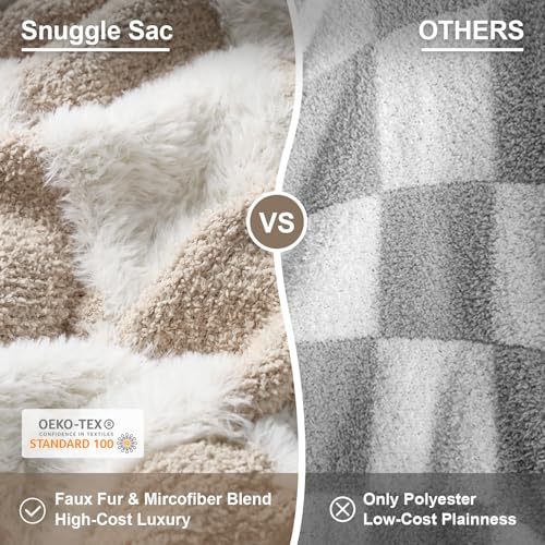 Snuggle Sac Checkered Throw Blanket Faux Fur Microfiber Blankets for Couch,Cozy Soft Warm Blanket for Sofa Bedroom Living Room,Beige Checker,50x60 inches - color: Beige White, size: Throw(50"x60")