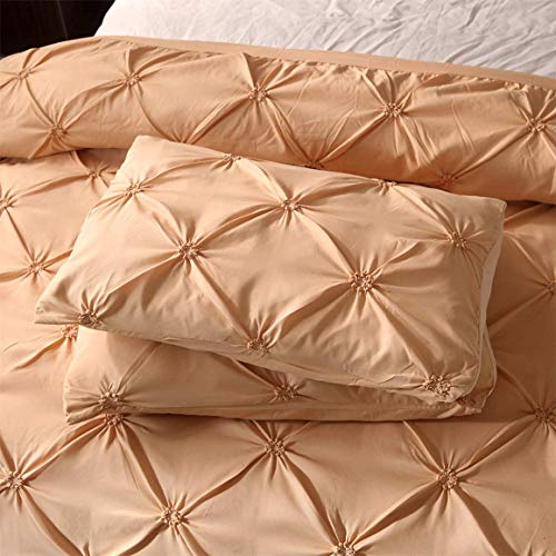 Feelyou Pinch Pleated Comforter Cover Set Queen Pintuck Bedding Set Soft Pintuck Tufted Duvet Cover with 2 Pillow Shams Luxury Microfiber Quilt Cover Solid Champagne Breathable Zipper 3 Pieces - color: Champagne, size: Queen