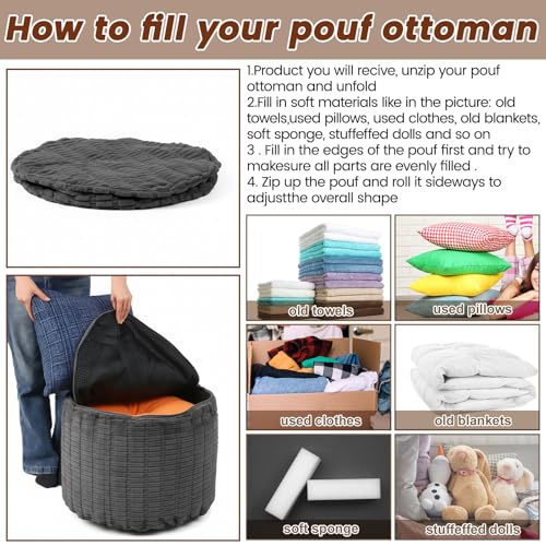 HunnmingRe 2 Pcs 20 x 15 Inch Unstuffed Ottoman Pouf Cover Corduroy Foot Rest - No Filler, Striped Foot Stool Floor Bean Bag Floor Chair Storage for Modern Farmhouse Bedroom Home Decor(Gray) - color: Grey