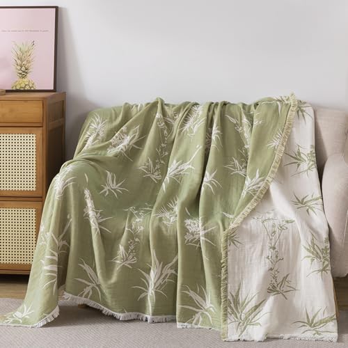 Lemfux 4-Layer 100% Cotton Muslin Cooling Blanket, Boho Floral Gauze Throw with Fringe, Ultra Soft Breathable Lightweight Bedspread Coverlet for Bed Sofa Couch - color: Green Leaves, size: 60"x80"