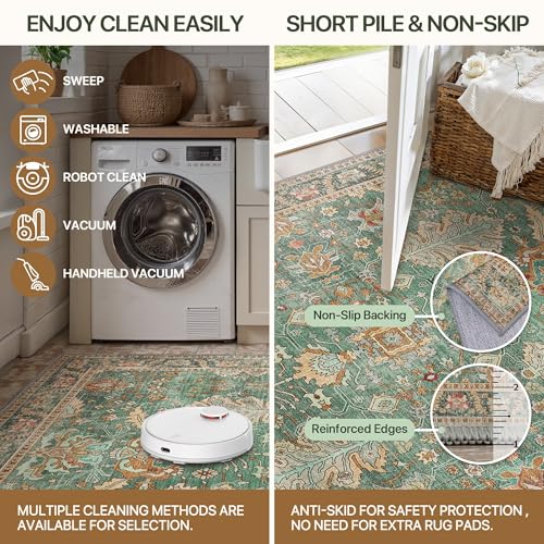 Bavni Entryway Rug, 2x3 Washable Rug Ultra-Thin Low Pile, Non-Slip Small Rugs Indoor for Front Door Entrance Bathroom, Vintage Print Carpet Soft Stain Resistance, Sage/Gold - color: Sage/Gold, size: 2' x 3' (Rectangular)