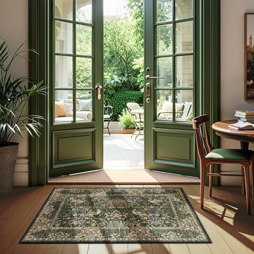 2x3 Floral Washable Area Rug for Entryway, Vintage Boho Rugs for Living Room Bedroom Dining Room, Botanical Birds Non Slip Low Pile Forest Animal Throw Carpet for Farmhouse Office, Retro Gold/Green - color: Gold Green (Larger Pattern), size: 2' x 3' (Rect