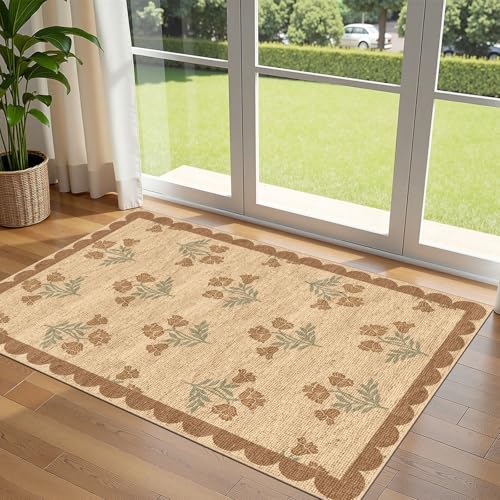 3x5 Floral Entry Rug - Small Washable Indoor Outdoor Mats for Front Door Non-Slip Jute-Look Porch Rug Boho Tan Scalloped Throw Rugs for Living Room Bedroom Entryway Kitchen Office Porch Decor - color: Flower - Wheat/Tan/Sage, size: 3' x 5' (Rectangular)