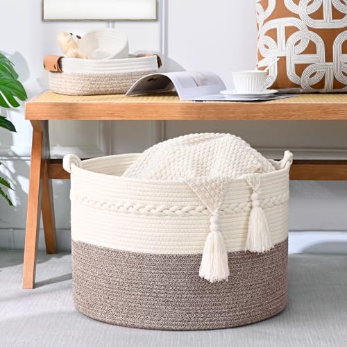 67L Large Blanket Basket, 20"x13" Woven Storage Baskets With Handle, Cotton Rope Blanket Basket Living Room, Baby Laundry hamper for Blanket, Nursery, Toy, Pillow (White & Oatmeal) - color: White & Oatmeal, size: 67L