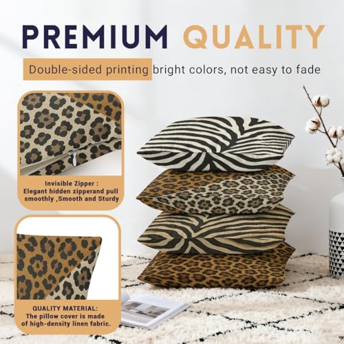 Animal Leopard Throw Pillow Covers 18x18 Set of 4, Brown Abstract Decorative Cushion Cases for Couch Sofa and Bedroom Pillcases Home Decor for Living Room - color: Animal Leopard