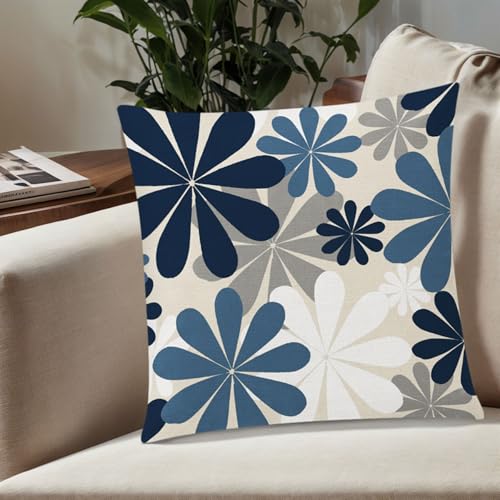 COMMINY Blue White Pillow Covers 18x18 Set of 6, Daisy Flower Throw Pillow Cover Case Square Cushion Cover for Sofa Bedroom Living Room Farmhouse Home Decor - color: Blue White Beige, size: 18" x 18" (Pack of 6)