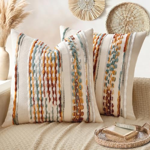 ANRODUO Pack of 2 Boho Decorative Throw Pillow Covers 20x20 Farmhouse Cushion Case Striped Chenille Pillow Cases Square Pillow Covers Accent Neutral Pillowcase for Sofa Couch Bed,Brown Stripe - color: Brown Stripe, size: 20" x 20" (Pack of 2)