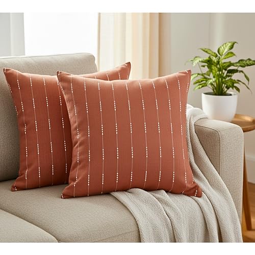 Modern Cotton Pillow Covers 18 x18 inches Terracotta/Woven Loom Stripe Pattern Contemporary Luxury Cushion Covers Burnt Orange/Simple Throw Pillow Cases for Living Room Sofa, Couch, Bed, Set of 2 - color: Rust Brown, size: 18" x 18" (Pack of 2)