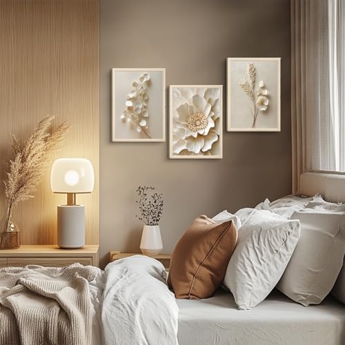 BHSUUHIT 3 Pcs Neutral Beige Botanical Wall art White Florals Wall Decor Cream Neutral Botanical Prints Beige Bloom Flower Textured Paintings Vintage Blossom Pictures 12x16in Unframed Poster - color: poster-Beige, size: 12L" x 16W"