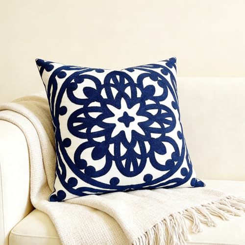 Slow Cow Canvas Embroidered Decorative Throw Pillow Cover Square 18 x18 inches Cozy Boho Mandala Chic Knit Pattern Cushion Cover for Sofa Couch Living Room Bedroom - color: Navy Petal, size: 18" x 18" (Pack of 1)