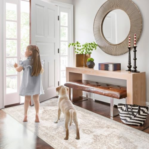 Area Rug 2x6 Runner Rug: Washable Vintage Hallway Rugs Indoor Medallion Rug Low Pile Distressed Floor Carpet Retro Accent Rugs for Kitchen Bedroom Bathroom Dining Room(Beige, 2'x6') - color: Beige, size: 2' x 6' (Rectangular)