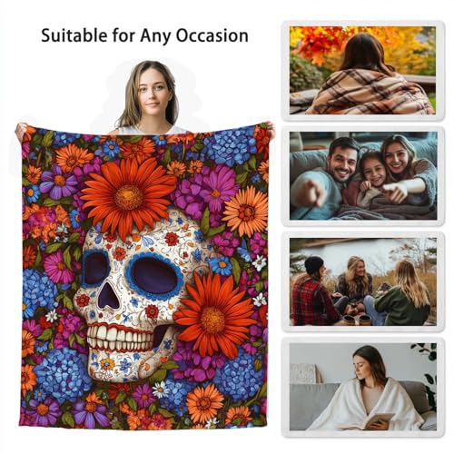 Sugar Skull Throw Blanket, Gift for Women and Men, Day of Dead Theme, Lightweight Fleece for Halloween Home Decor, Couch and Chair, 40x50 Inches - color: Skull Flower