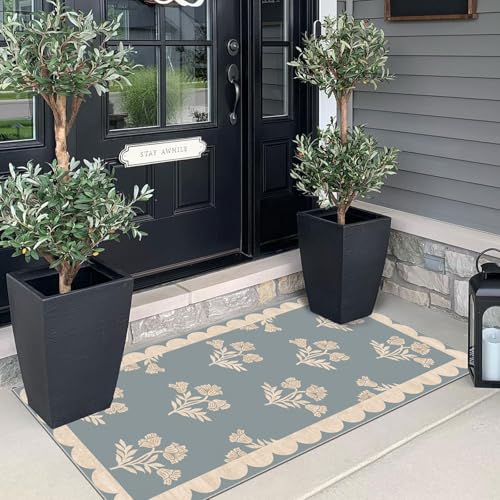 Front Door Mat Indoor Entrance - 2x4.3 Ft Floral Washable Layered Doormat Outdoor Entrance Porch Rug Non-Slip Blue Retro Farmhouse Runner Rug for Kitchen Bedroom Laundry Room Porch Decor - color: Flower - Haze Blue, size: 2' x 4'3" (Rectangular)
