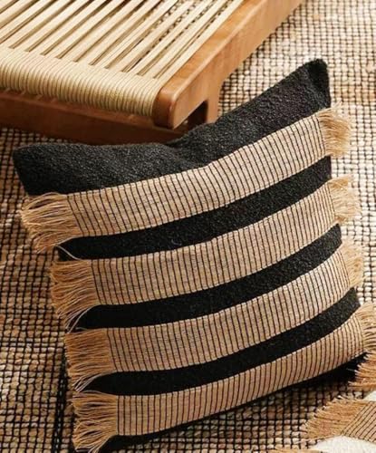 MOCOFO Handwoven Jute Cotton Striped Pillow Covers, Wabi Sabi Boho Farmhouse Decorative Throw Cushion Cover with Fringe, 18x18Inch (Cover Only) (Black/Natural, 18x18) - color: Black/Natural, size: 18" x 18" (Pack of 1)