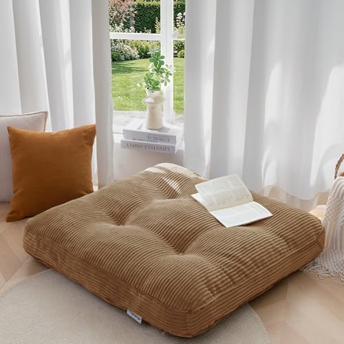 HIGOGOGO 35" Floor Pillow Cushion for Adults, Meditation Cushion Pillow, Extra Large Square Floor Sitting, Tufted Corduroy Cover for Tatami Living Room or Yoga, Coffee - color: Coffee, size: 4" Thick Square