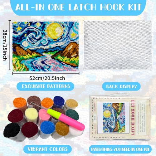 ORIGACH Starry Night Sky Latch Hook Rug Kit for Adults Printed Rug Making Kit Handmade Carpet Tapestry Cover with Hook Latch and Preprinted Canvas, Home Arts Crafts Sofa Decor, 20.5x15inch - style: Starry Night Sky
