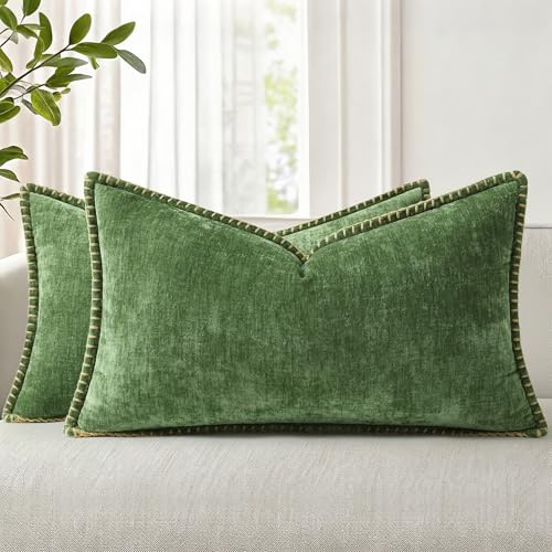 decorUhome Chenille Soft Cozy Throw Pillow Covers 12x20 Set of 2, Modern Farmhouse Boho Velvet Decorative Pillow Cases with Stitched Edge for Couch Sofa Bed Home Decor, Forest Green - color: Forest Elf, size: 20" x 12" (Pack of 2)