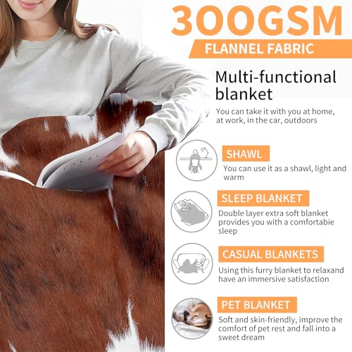 Throw Blanket for Couch, 300GSM Warm Soft Cozy Flannel Blanket, Cute Blanket for All Seasons Bedroom Home Decor Gifts, Brown White Cowhide 50x60 Inches - color: Brown White Cowhide
