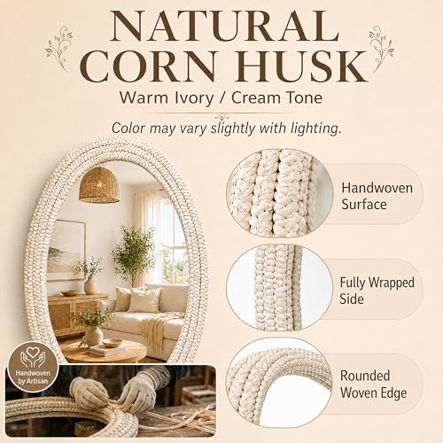 26" x 39" Oval Wall Mirror, Handwoven Natural Corn Husk Fiber with Light Whitewashed Finish, Boho Coastal Style for Entryway, Bedroom, Living Room, Vertical & Horizontal Hanging - size: 39"L x 26"W