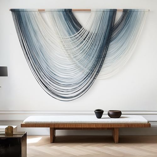 Macrame Wall Hanging Large Boho Wall Decor Navy Blue Ombre Fiber Wall Art Handmade Woven Wall Hanging for Living Room Bedroom Apartment Dorm Modern Bohemian Wall Decor 57" W x 39" L - color: Navy Blue