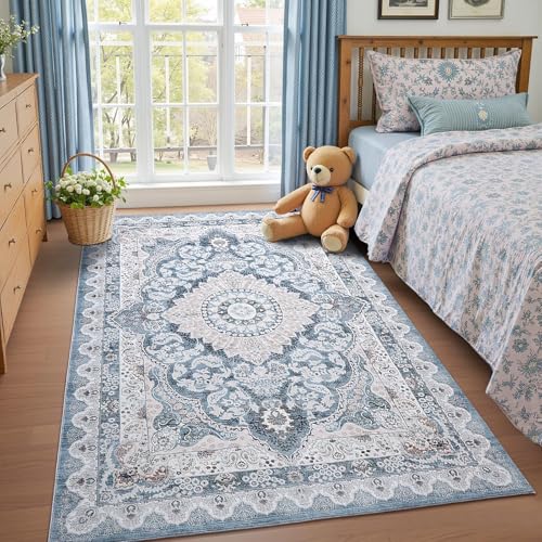 Macgace 3x5 Area Rug for Bedroom, Machine Washable Rugs with Non-Slip Backing for Living Room, Soft Vintage Carpet Kitchen Laundry Kids Room Decor, Blue & Beige - color: Blue & Beige, size: 3' x 5' (Rectangular)