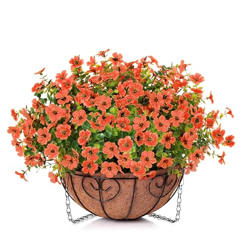 HyeFlora Artificial Fake Fall Hanging Plants Flowers Basket for Outdoor Decor, Faux Silk Orange Mums Daisy in Planter Look Real UV Resistant for Autumn Porch Home Patio Garden Yard Decoration - color: Orange
