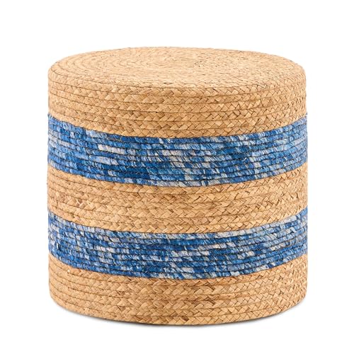 Handwoven Ottoman Pouf, Natural Water Hyacinth Footstool, Round Braided Outdoor Seat with Sturdy Frame, Boho Accent Stool for Patio, Balcony, or Garden (Blue) - color: Blue, size: 17.7"D x 17.7"W x 15.7"H