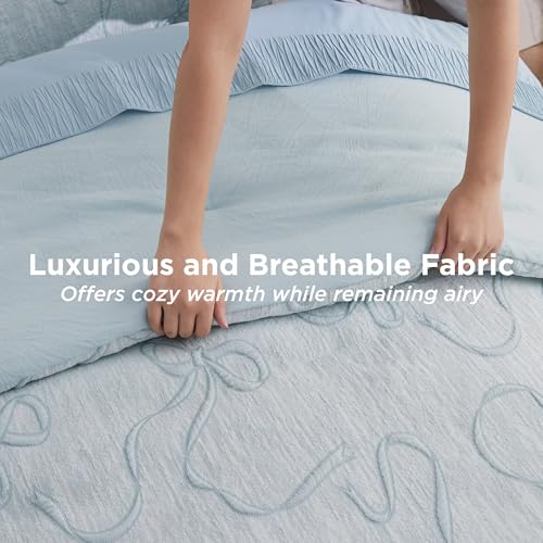 Bedsure Dusty Blue Comforter Set Queen, GentleSoft™ 3 Pieces Breathable Bow Comforter Set Women Girls with 2 Pillow Shams, Cute Queen Bedding Sets Room Decor Aesthetic Bedroom Decor, 90x90 Inches - color: 01 - Bow Dusty Blue, size: Queen (90" x 90")