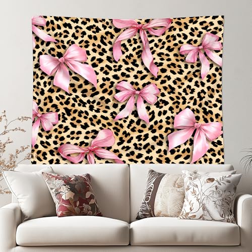 Cinbloo Cheetah Leopard Tapestry 59Wx51H Inch Pink Bow Funny Lovely Brown Wall Hanging for Womwn Girly Girls Fashion Cute Classroom Home Dorm Decor Art Living Room Bedroom - color: B-Pink Brown