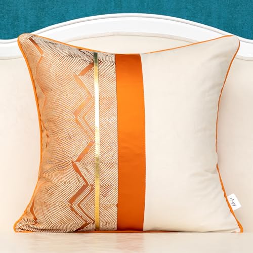 Alerfa 20 x 20 Inch Orange White Geometric Striped Gold Leather Patchwork Velvet Cushion Case Luxury Modern Lumbar Throw Pillow Cover Decorative Pillow for Couch Sofa Living Room Bedroom Car - color: Orange, size: 20" x 20" (Pack of 1)
