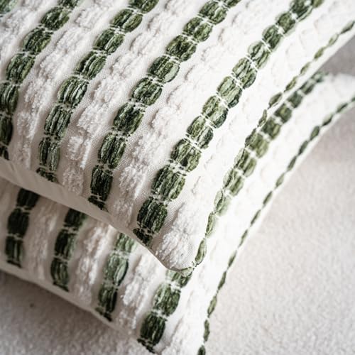 Caflife Boho Throw Pillow Covers 18x18 Inch Set of 2, Farmhouse Green Striped Textured Chenille Decorative Couch Pillow Cases, Rustic Accent Cushion Covers for Sofa Bed Living Room Bedroom - color: Green, size: 18" x 18" (Pack of 2)