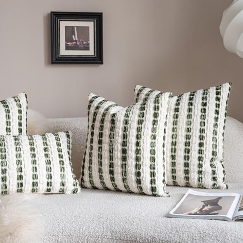 Caflife Boho Throw Pillow Covers 18x18 Inch Set of 2, Farmhouse Green Striped Textured Chenille Decorative Couch Pillow Cases, Rustic Accent Cushion Covers for Sofa Bed Living Room Bedroom - color: Green, size: 18" x 18" (Pack of 2)