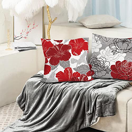 COMMINY Red Grey Pillow Covers 16x16 Set of 6 Decorative Burgundy Daisy Throw Pillow Cover for Couch Modern Farmhouse Cushion Cover for Patio Sofa Bed Living Room Home Decor - color: Red Grey Daisy, size: 16" x 16" (Pack of 6)