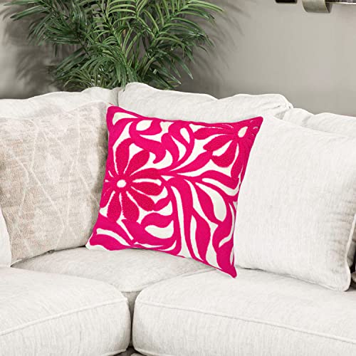 Alysheer Farmhouse Floral Leaves Embroidered Decorative Throw Pillow Cover 18x18 inches, Boho Tufted Flowers Embroidery Pattern Chic Cotton Cushion Case for Couch Bed Sofa Living Room(Bright Hot Pink) - color: Hot Pink Floral, size: 18" x 18" (Pack of 1)