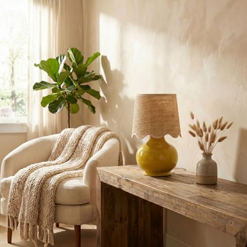 Benton Ceramic Table Lamp with Fabric Shade – 13" Bedside Accent Lamp for Bedroom, Living Room & Nightstand (Yellow) - color: Yellow