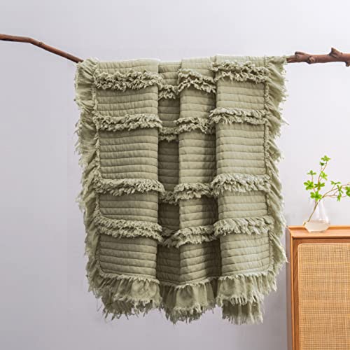 Ultra Soft Pre-Washed Quilted Throw Blanket, Ruffle Fringed Olive Green Decorative Throw, Sage Green Stone Washed Chic Rustic Blanket for Sofa Couch Bed, 50"x 60" - color: Green, size: 50"x60"