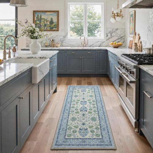 Bavni 2x5 Washable Runner Rug Non Slip, Boho Vintage Distressed Hallway Runner, Low Pile Soft Thin Carpet Stain Resistant, Accent Kitchen Runner Floral Rugs for Entryway, Bedroom, Laundry, Blue Green - color: Blue Green, size: 2' x 5' (Rectangular)