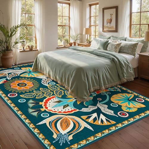 Joydeco Egypt Floral Washable Living Room Rugs 9x12, Dark Green Large Boho Bedroom Dining Room Rug Non Slip, Vintage Low Plie Indoor Throw Rug for Dining Room Nursery Dorm Classroom - color: Dark Green, size: 8'11" x 12' (Rectangular)