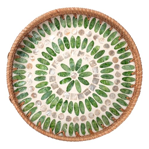 YANGQIHOME Round Serving Tray With Decorative Mother of Pearl Inlay, Rattan Wicker for Home Decor, Table Decor, Gifts, Dining, Woven for Food, Fruit, Coffee, 11.8 Inch - color: Green/White, size: 11.8"