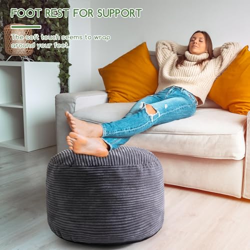 HIGOGOGO Round Stuffed Pouf Ottoman, Corduroy Poufs with Foam Chunk Filling, Furry and Fluffy Pouf Foot Stool Storage Ottoman, 26 X 18 Floor Poufs Foot Rest for Living Room, Dark Grey - color: Dark Grey, size: 26"D x 26"W x 18"H